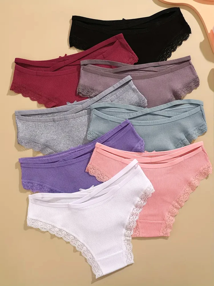 Calzoncillos a rayas de algodón para mujer, ropa interior Sexy de encaje con cinturón cruzado, bragas brasileñas de cintura baja, lencería transpirable, calzoncillos con lazo, 5 uds.