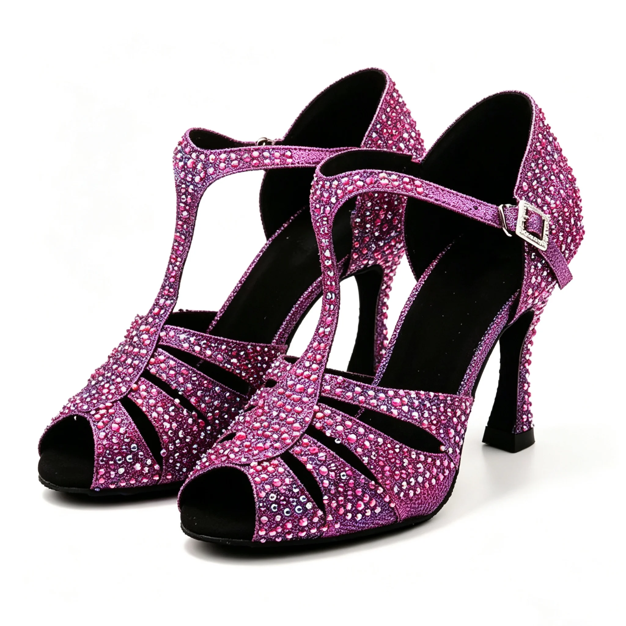 Evk Women's Rhinestone Latin Dance Shoes Purple Glitter T-strap Ballroom Salsa Tango Sandals Ladies Party Performance Footwear