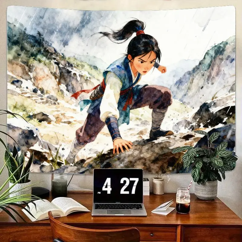 

1PC Modern Polyester Tapestry, Watercolor Warrior Girl Mountain Climb Wall Art, Aesthetic Living Room Bedroom Dorm Decor Gift
