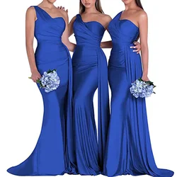 Vestidos de dama de honor azul real para mujer, vestidos de sirena sexys de satén con un hombro para boda, personalizados