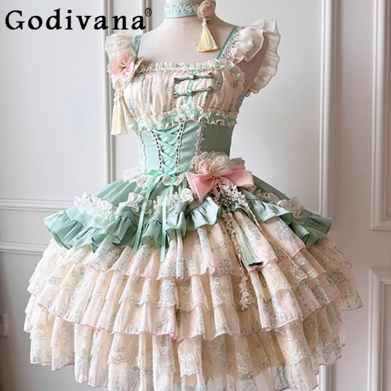 

New Chinese Style Green Lolita Dress Women Floral Print Elegant Girl Cake Dress Female Sleeveless Cute Sweet Lolita Dress