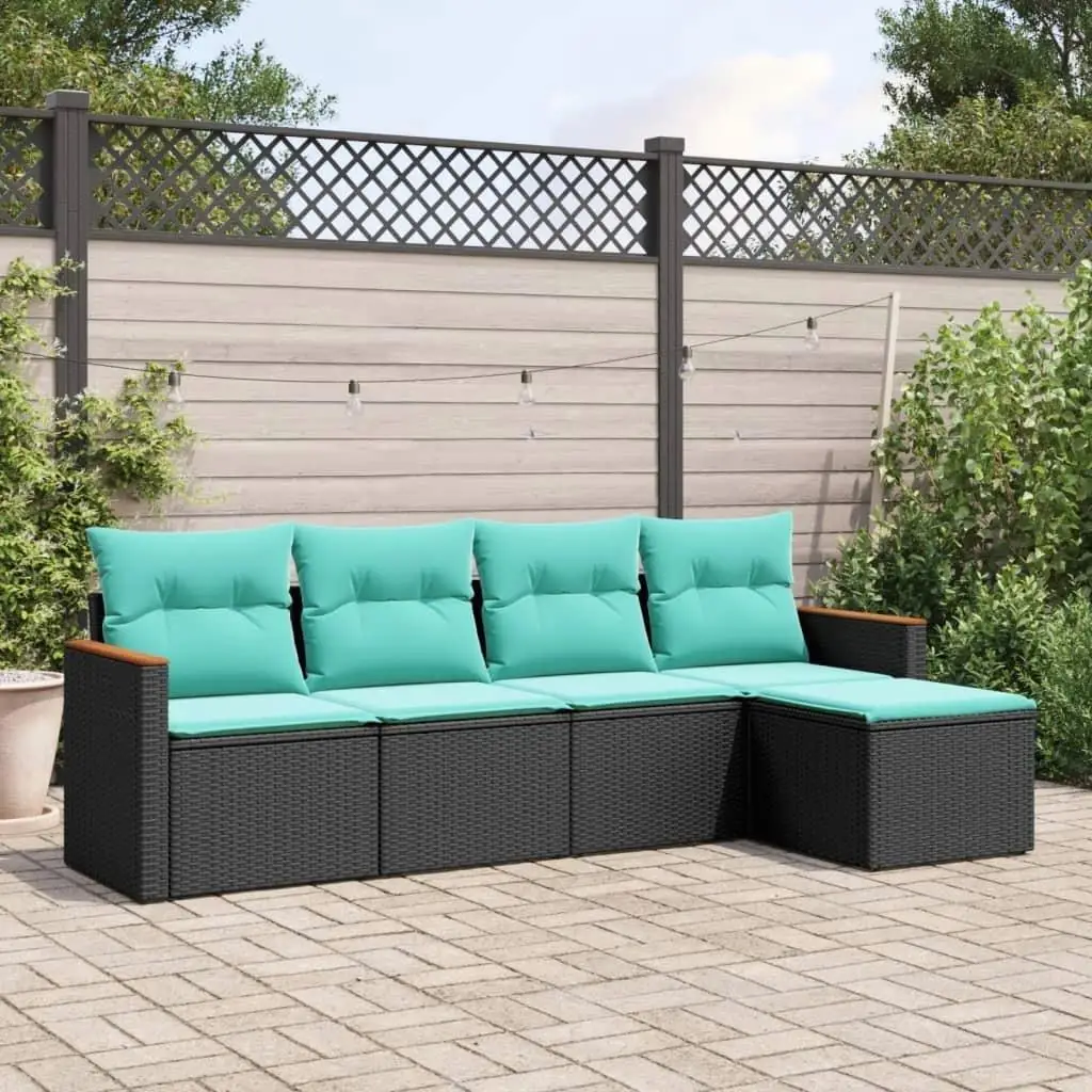 5-Piece Black Poly Rattan Patio Sofa Set with Cushions - Outdoor Furniture for Garden & Balcony