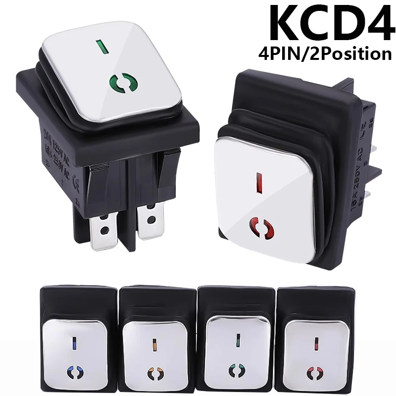 KCD4 Stainless steel waterproof rocker switch ON-OFF4/6Pin electrical equipment switch with LED power supply 16A 250V/20A 125VAC