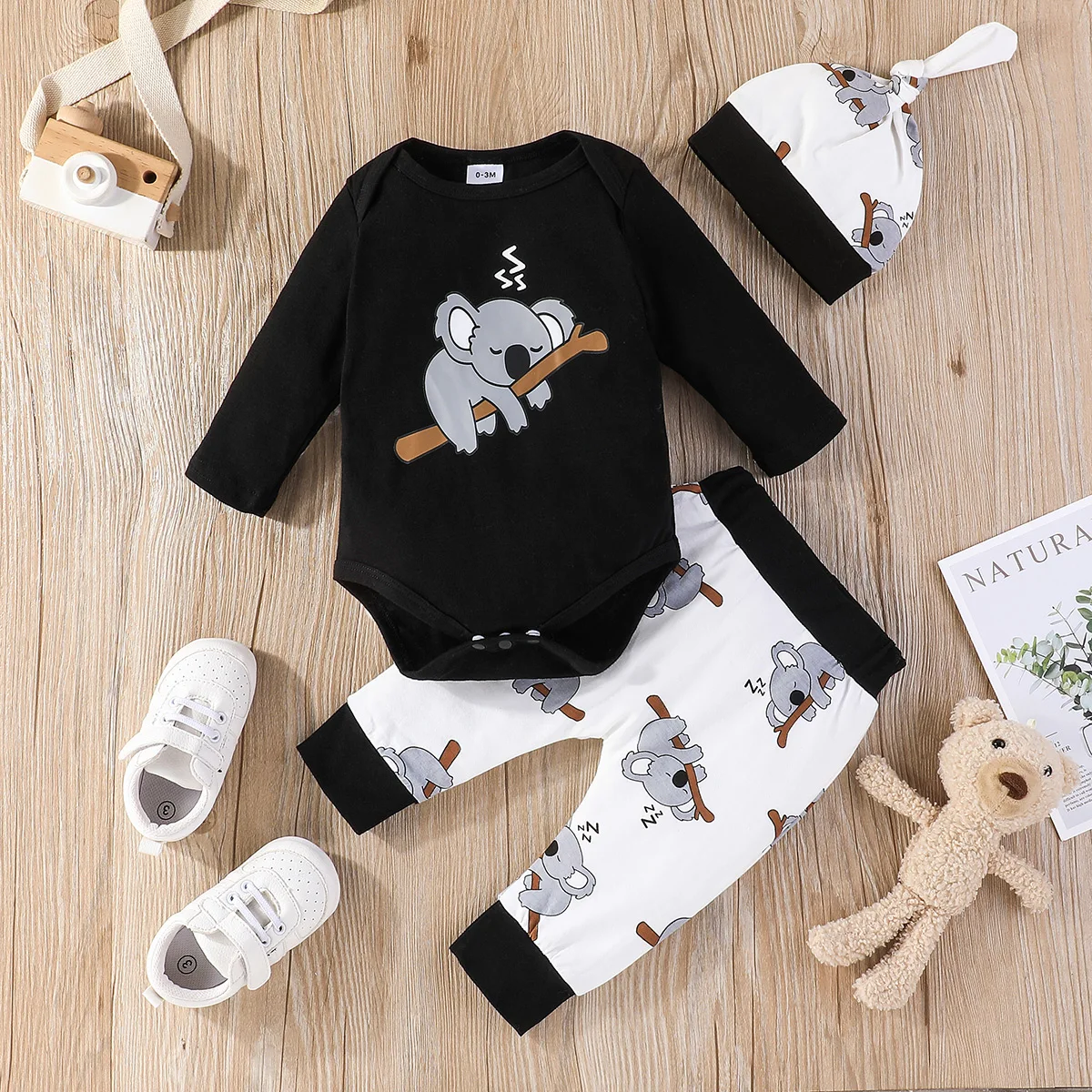 

PatPat 3pcs Baby Boy/Girl 95% Cotton Long-sleeve Koala Print Romper and Pants with Hat Set