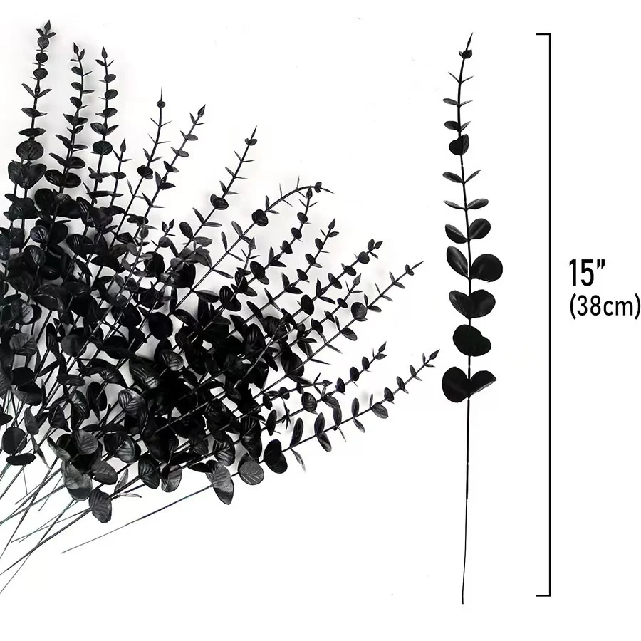 10/20/30 Stück schwarzer Eukalyptus künstliche Blätter Blumenstrauß Garten Halloween Dekorationen im Freien für Heimdekoration gefälschte Pflanzenverzierung – Detail 9