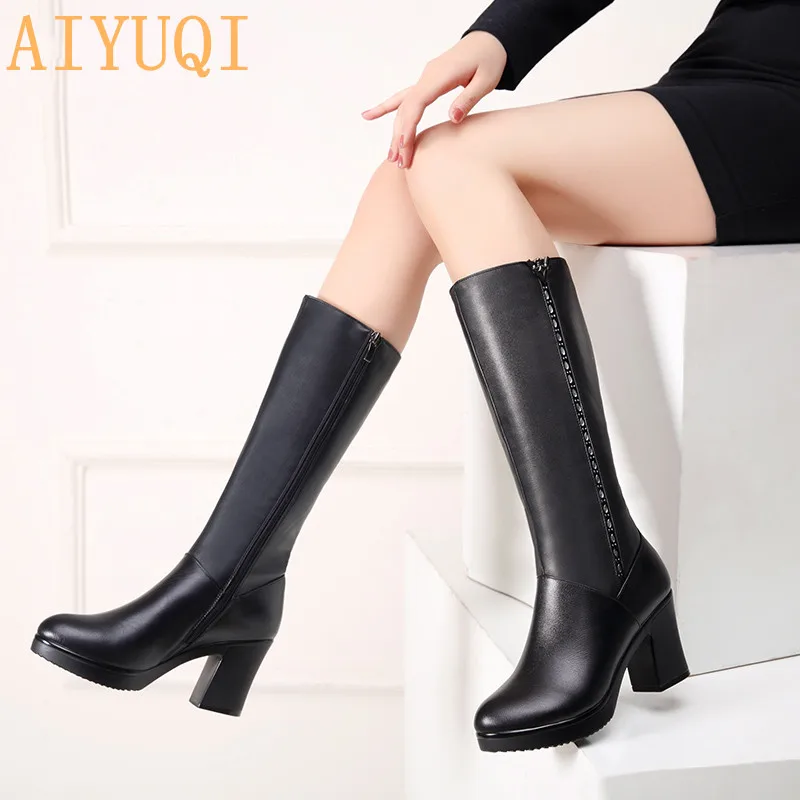 Women Winter Boots 2024 Genuine Leather boots high-heeled women long boots wool lined warm snow boots Lady Fashion shoes