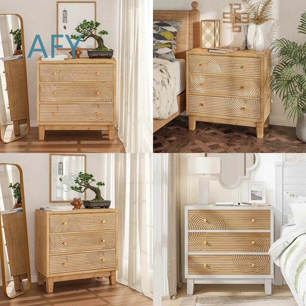 Custom Country Pastoral Wood Carving Craft 3 Drawer Dresser for Bedroom Living Room Home Decor Large Storage Bedside Table