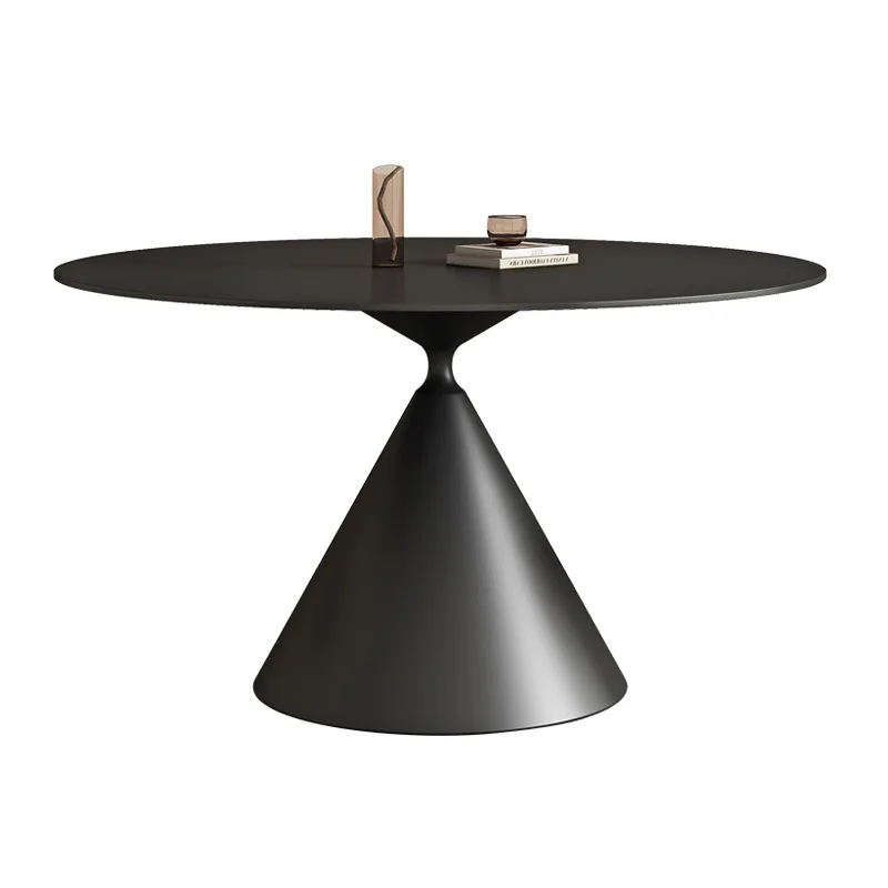 Modern Minimalist Pure Black Round Rock Slab Dining Table High-end Wabi-sabi Style Upper and Lower Built-in Turntable Smal