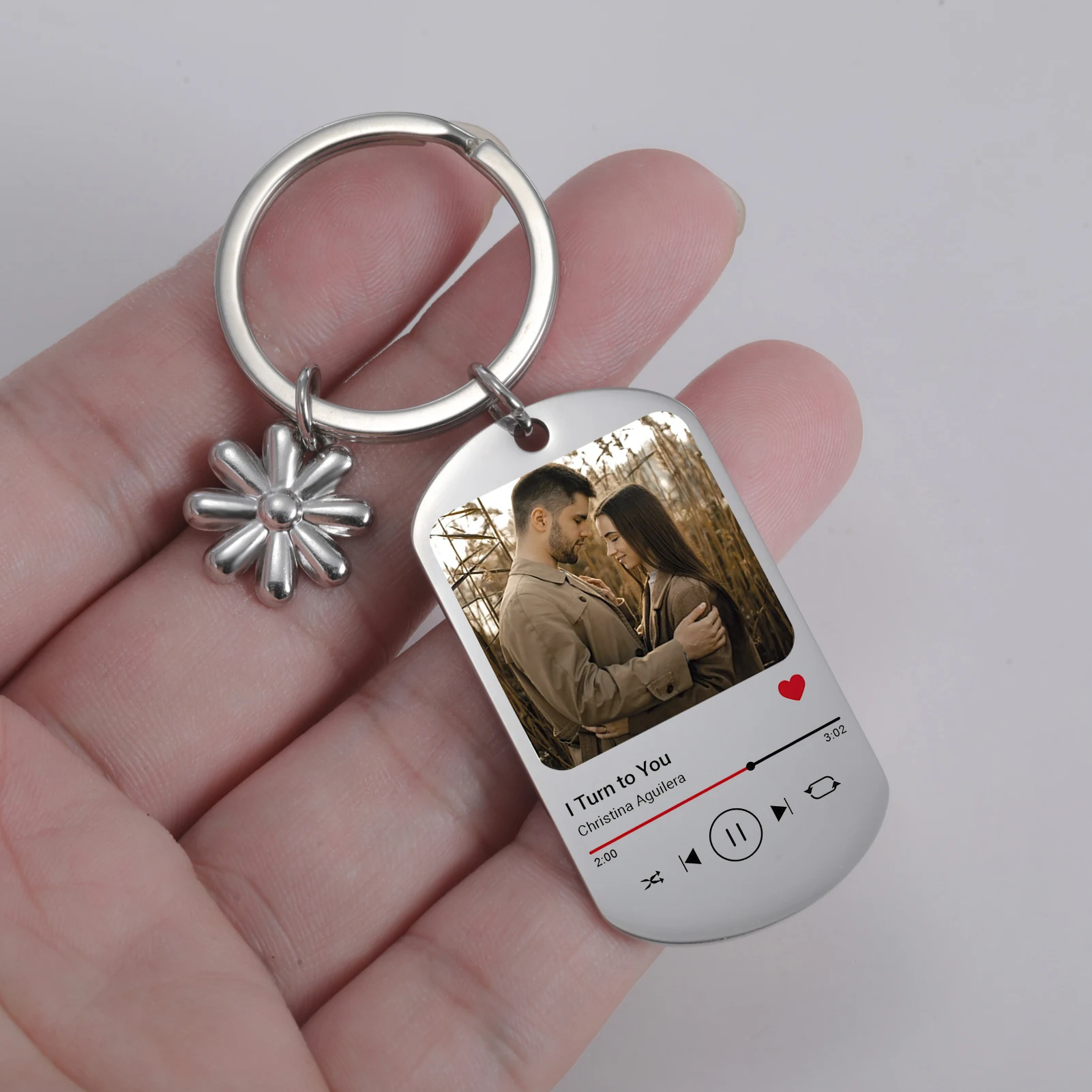 Customized Photo Text Keychain Square Flower Pendant Women Men Stainless Steel Jewelry Personalized Party Couple Christmas Gifts