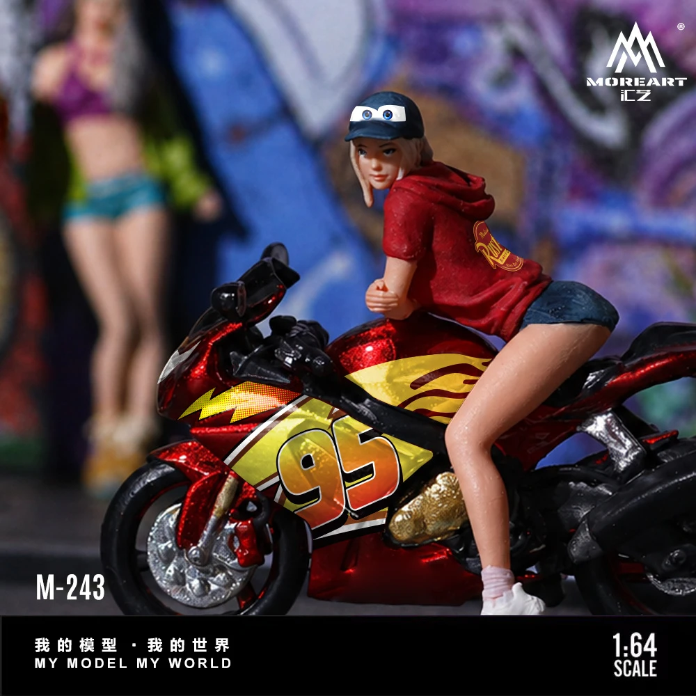 MoreArt 1:64 Resin Model Motorcycle Lightning Red Trendy Girl Figure Set Mini Scene Collectible Doll view 4