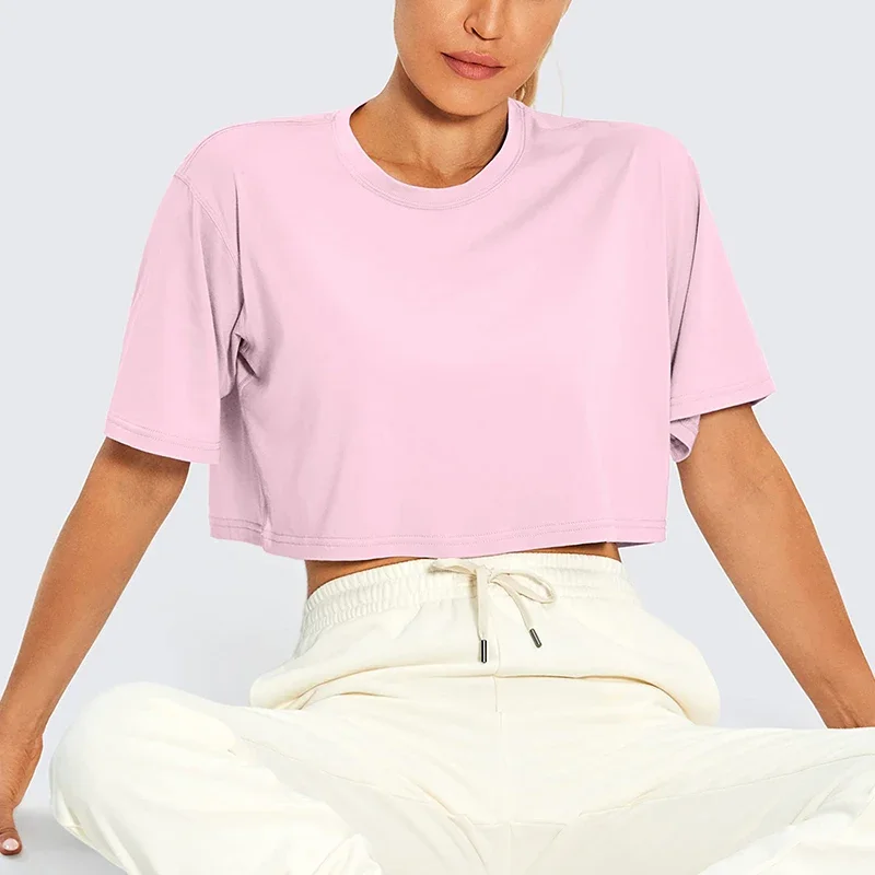 

Harajuku Shirt Funny Women Crop Tops Casual Female Pink Crop Tops T-shirt Round Neck Short Loose Tee Shirt Summer Streetwear