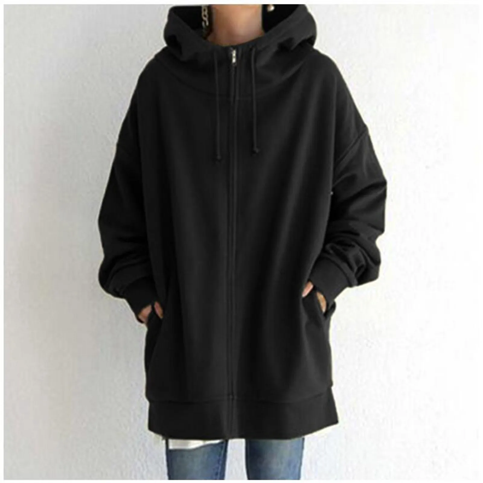 Oversized S-5xl Women Loose Hooded Coats Autumn Female Tie Collar Long Sleeve Zipper Up Add Velvet Sweatshirt куртка женская