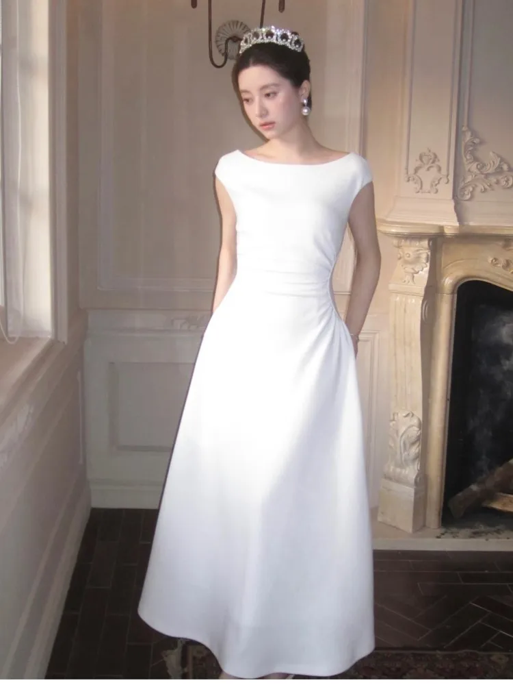 

French Vintage Slim Women A-Line Dresses New Elegant Sleeveless Waist Folds Shoulder Wrap Dresses Party Evening Princess Clothes