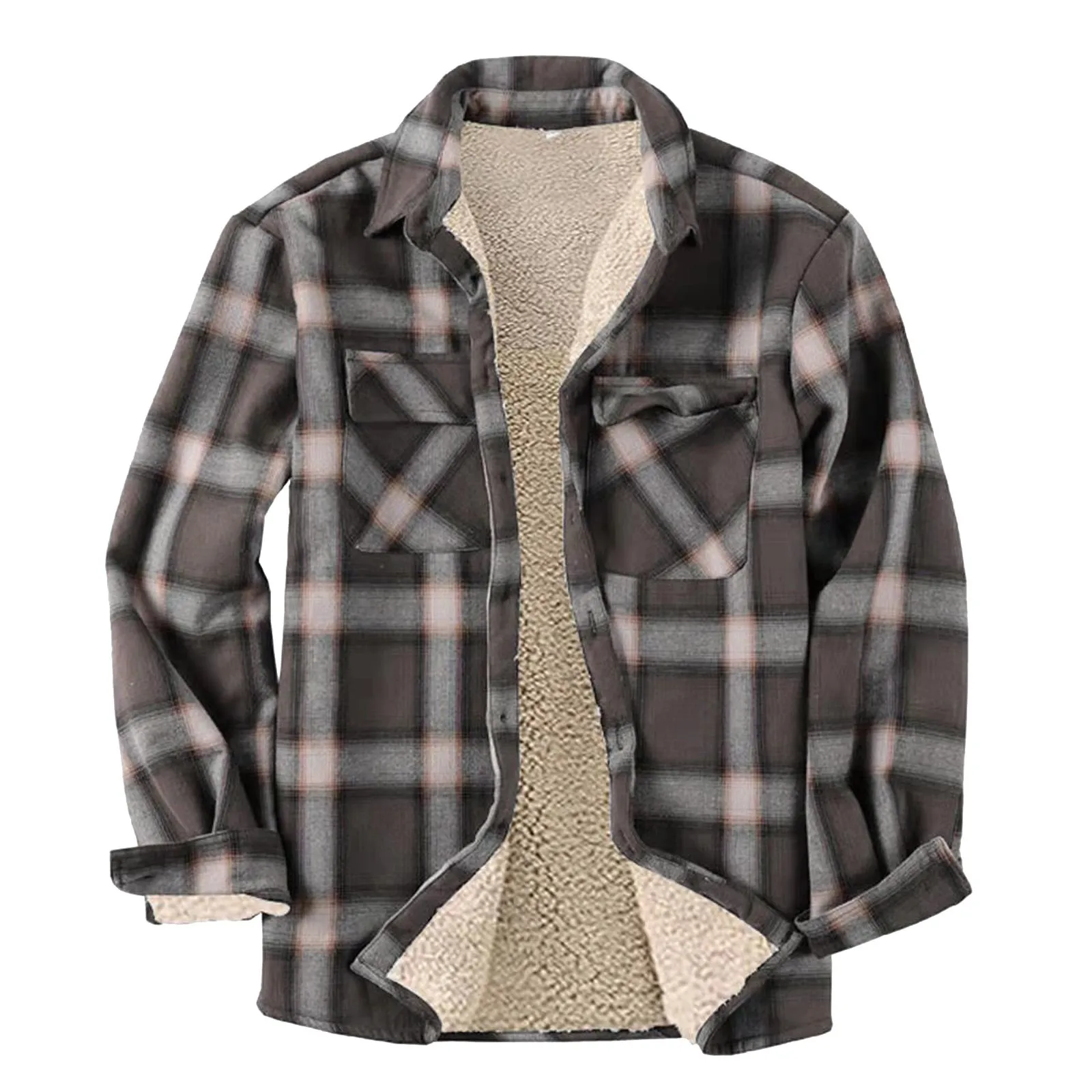 Men's Casual Fashion Plaid Printing Loose Lapel Long Sleeve Shirt Tops Blouse