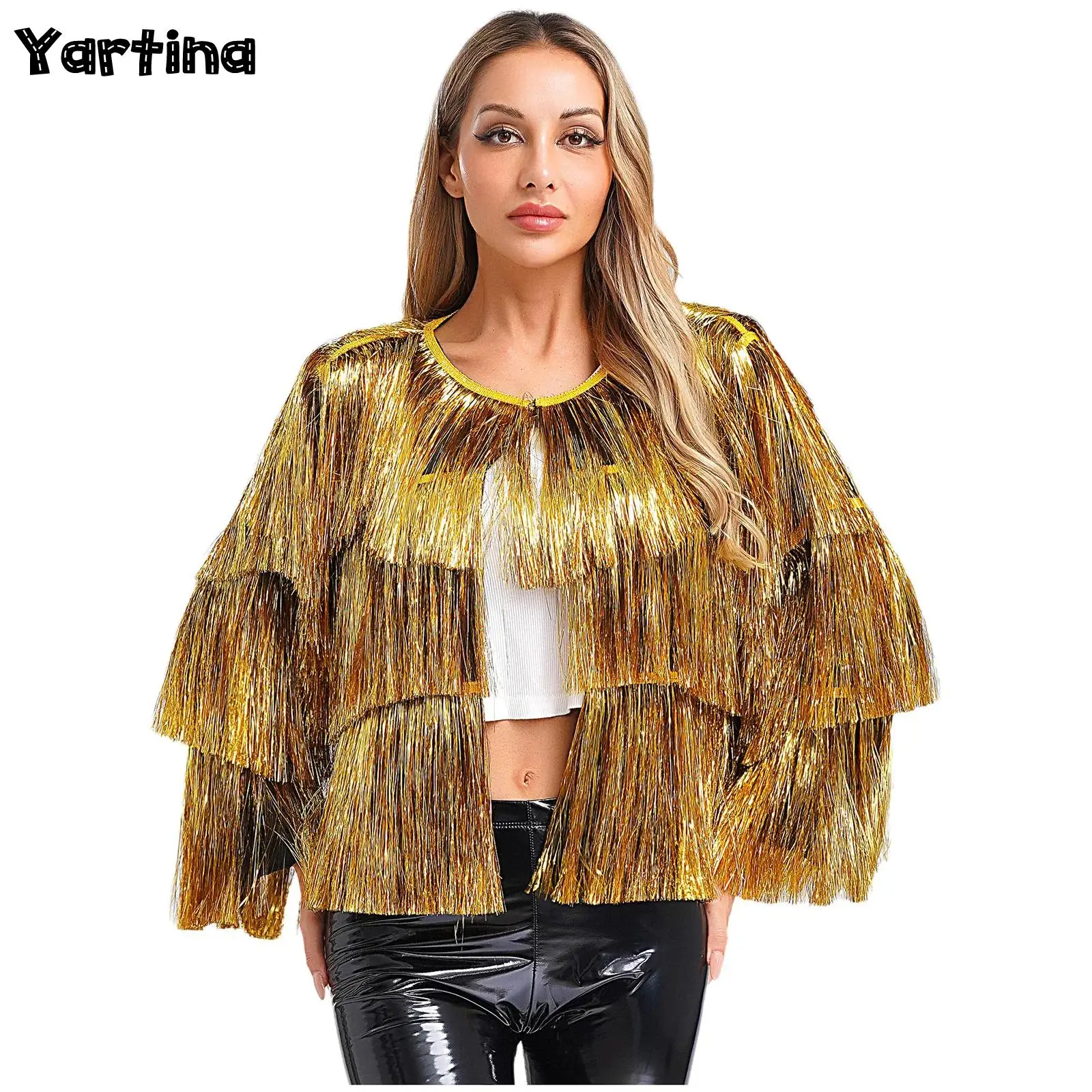 

Women Bomber Jacket Club Coat Long Sleeve Trendy Fashion Sequins Tassel Jacket Festival Open Front Carnival Clubwear Costume