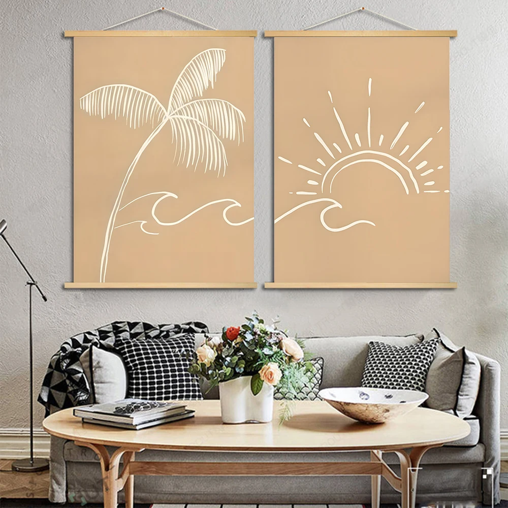 Beach Palm Canvas Wall Art Set - Solid Wood Hanging Paintings Surf Decor for Living Room Perfect Holiday Thanksgiving Gifts