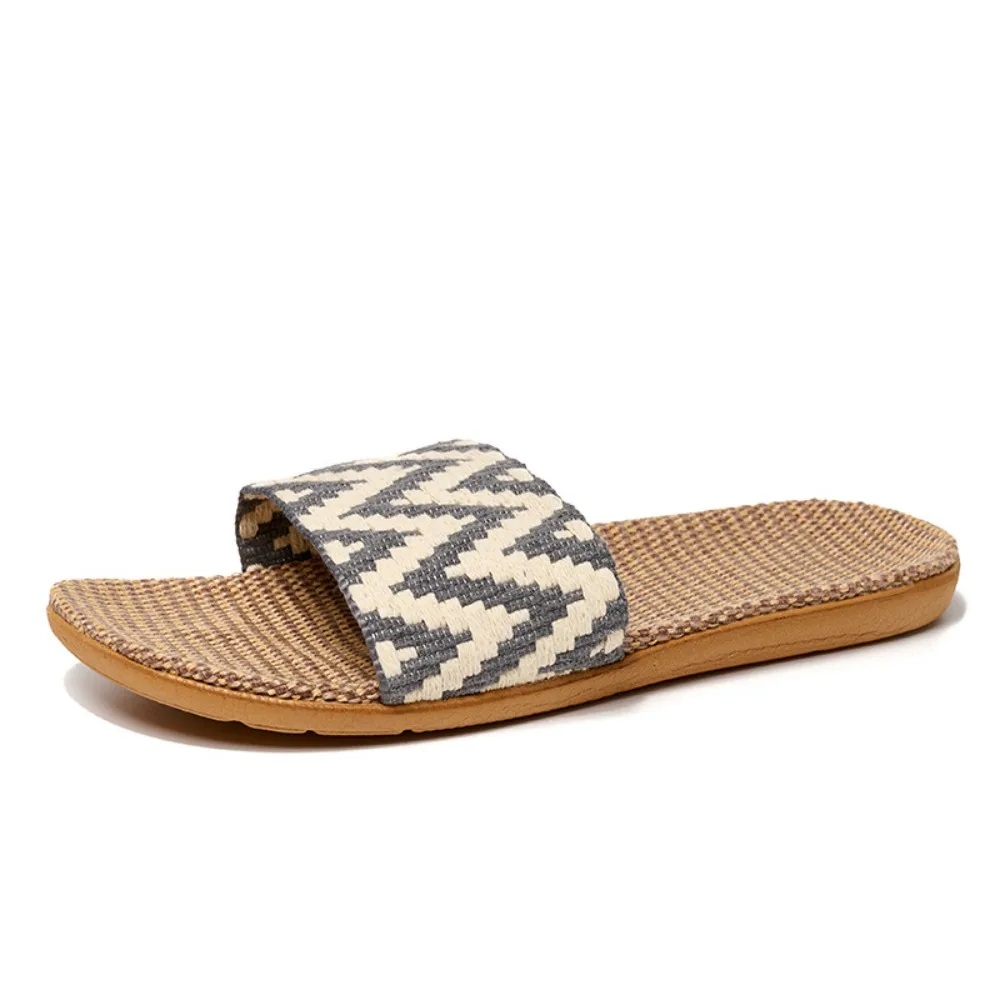 

Уютные льняные тапочки в полоску в этническом стиле, мягкие впитывающие пот льняные шлепанцы, нескользящая обувь, лоскутные тапочки на плоской подошве для спальни
