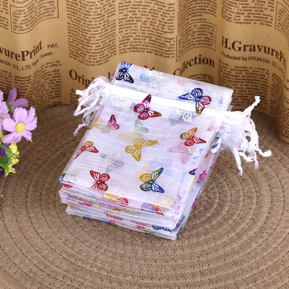 25pcs Dazzling Butterfly Organza Jewelry Bag 9x12 10x15 13x18cm Drawstring Gift Bag Wedding Party Christmas Gift Display Pouches