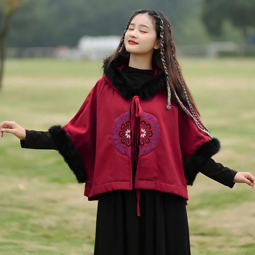 New Chinese Vintage Embroidery Shawl Hooded Lace-Up Creative Short Coat Women's Autumn Winter Loose Cape With Artificial Fur