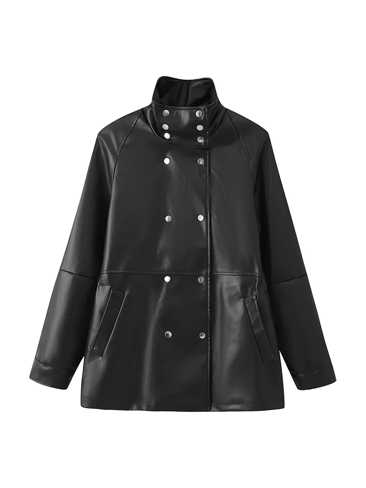 HH Neue Mode Frau Zweireiher Stehkragen Mit Langen Ärmeln Tasche Dekoration Leder Jacke Weibliche Slim Fit Freizeit Mantel