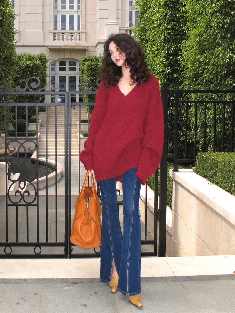 

Soft Cozy V-Ne Sweater High Waist Bell Bot Jeans Set Vintage Hong Kong Sle Loose Fit Daily Wear Fem Faion