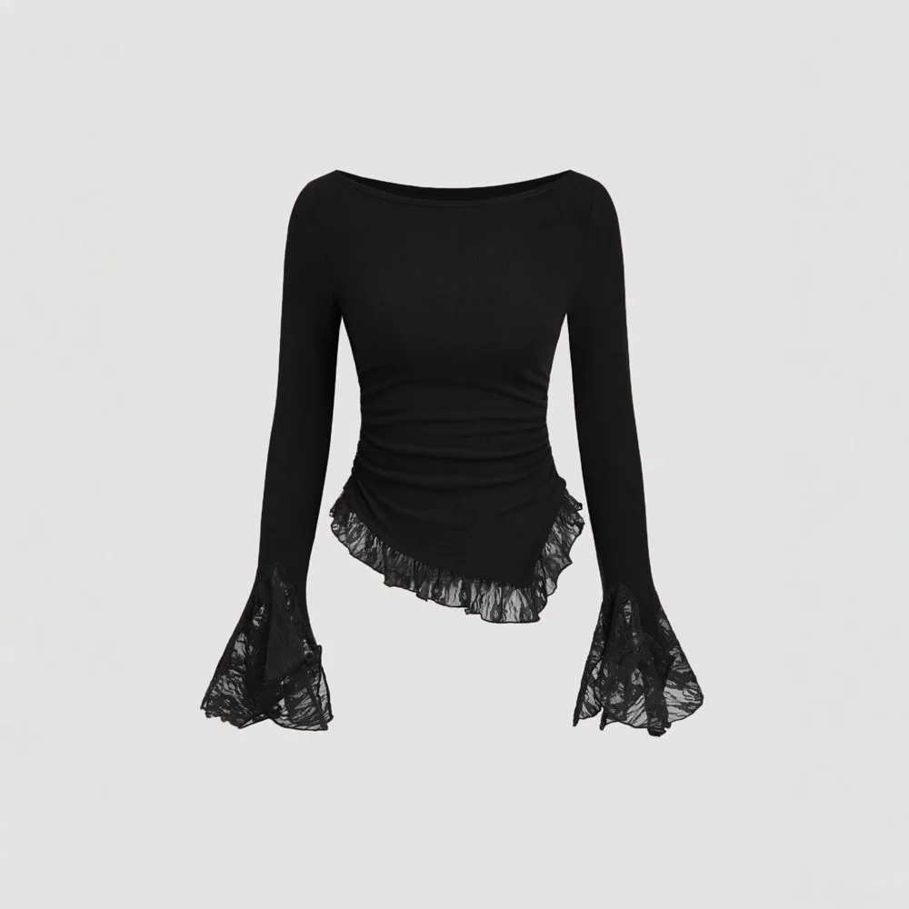 

2026 Spring and Summer New Style Exquisite and Versatile Slim Sexy Round Neck Bell Sleeve Lace Bottoming Top