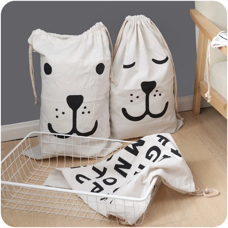 Large Cotton and Linen Laundry Bag, Toy Storage Bag, Printing Fabric, Drawstring Duffle Bags Dirty Clothes Organizer Bags