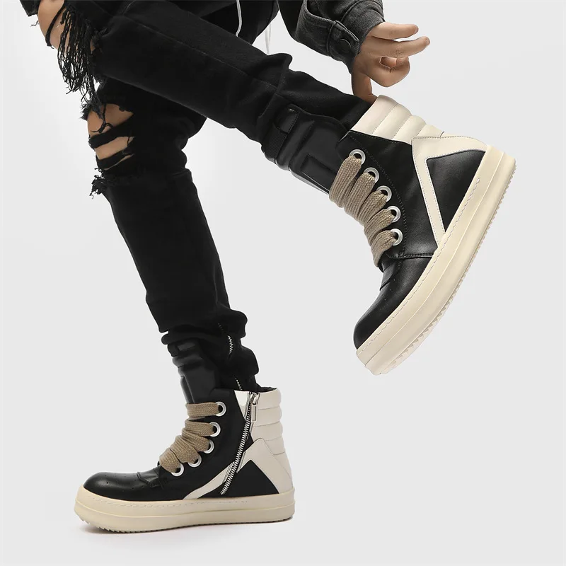 Men High Top Shoes Casual Platform Sneakers Leather Jumbo Lace Up Zip Luxury Trainers Autumn Black Boots