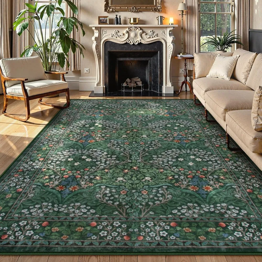 

Floral Dark Green Area Rugs 8x10, Soft 8x10 Washable Rugs for Living Room Bedroom, Boho Non-Slip Forest Large Throw Carpet for