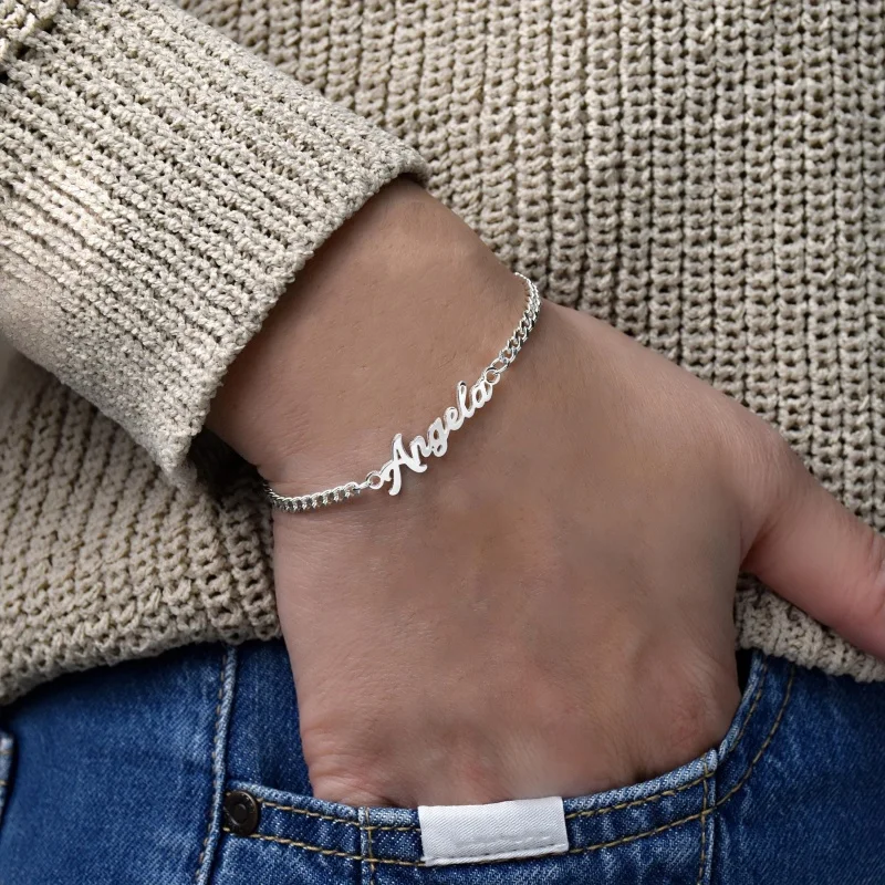 Custom Name Bracelet for Women, 304 Stainless Steel Curb Chain Personalized Handwritten Name Bracelet Adjustable Fashion Jewelry