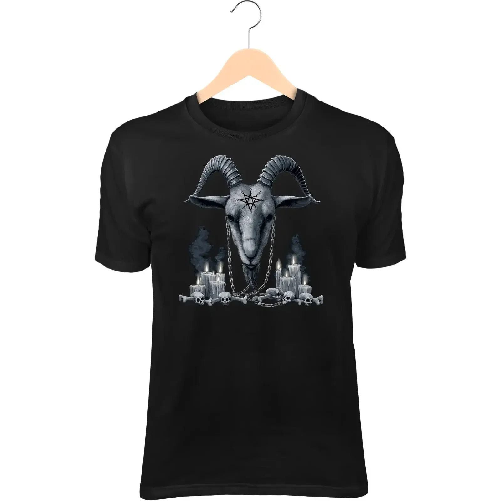 Dark Goat Skull T Shirt Twisted Horns Smoke Candlelight Gothic Ritual Art vintage Washed designer clothes Top For Everyday Wear