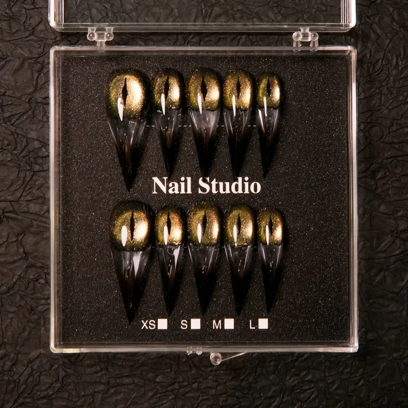 Handmade Olive Green Cat Eye Stiletto Press On Nails Black Gradient Fake Nail Tips Reusable Long Pointed False Nails Salon Manic