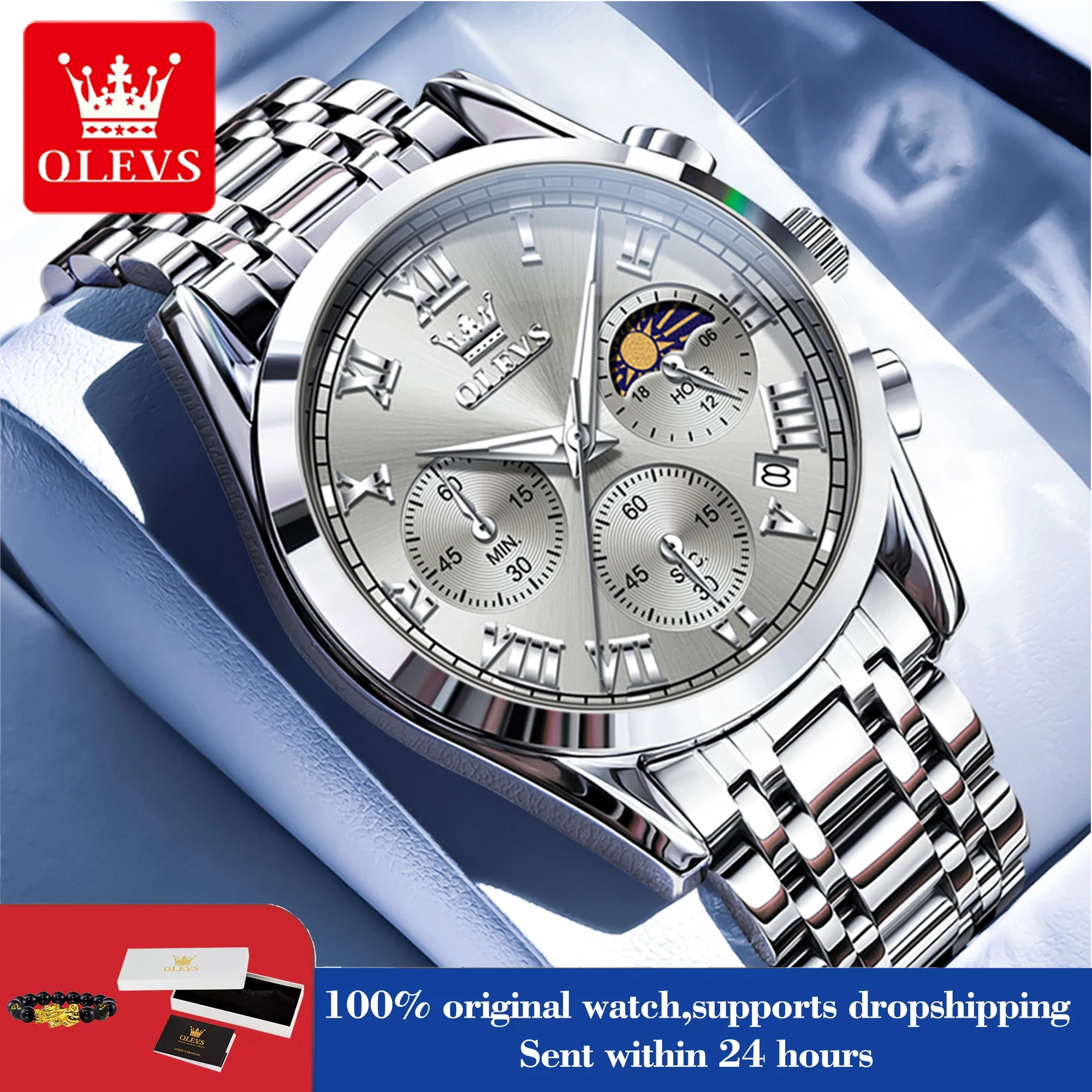 

OLEVS 2871 Мужские часы Оригинальный календарь Фаза Луны Кварцевые часы 30 м Водонепроницаемые мужские ручные часы из нержавеющей стали для мужчин