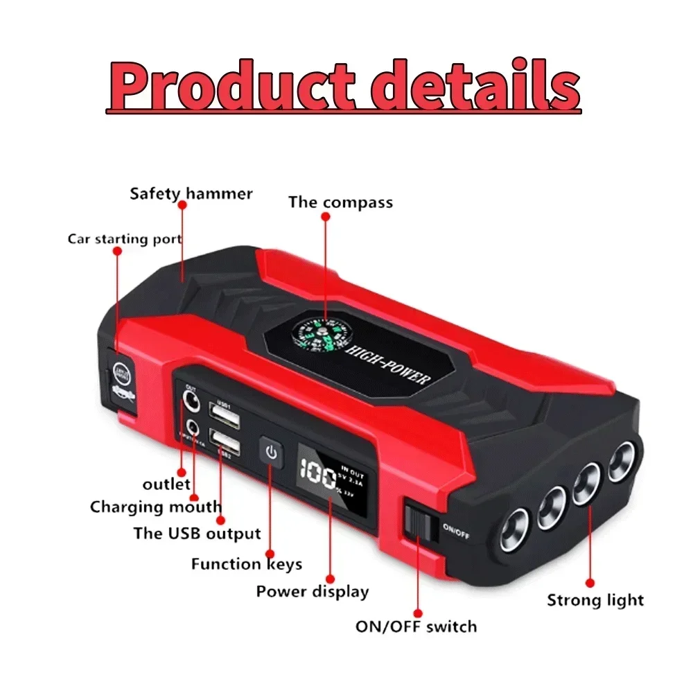 For 12V 20000mAh Diesel Car Emerg Booster 20Ah 600A Battery Jump Starter Power Bank Portable Auto Charger Start Device