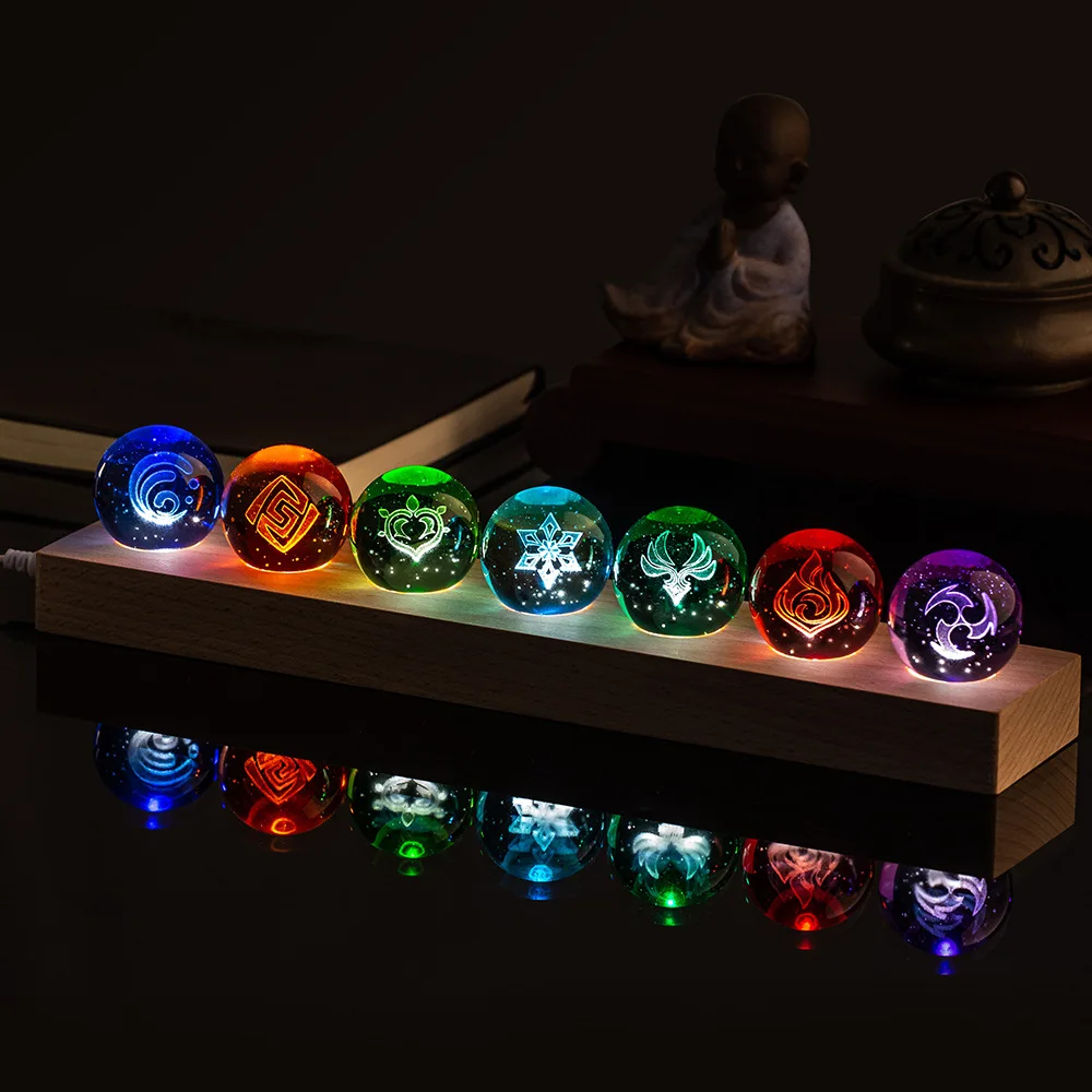 Genshin Impact Vision 3D gegraveerde kristallen bol nachtlampje 6CM met houten warme lichtbasis bureaudecoratie voor anime game fans
