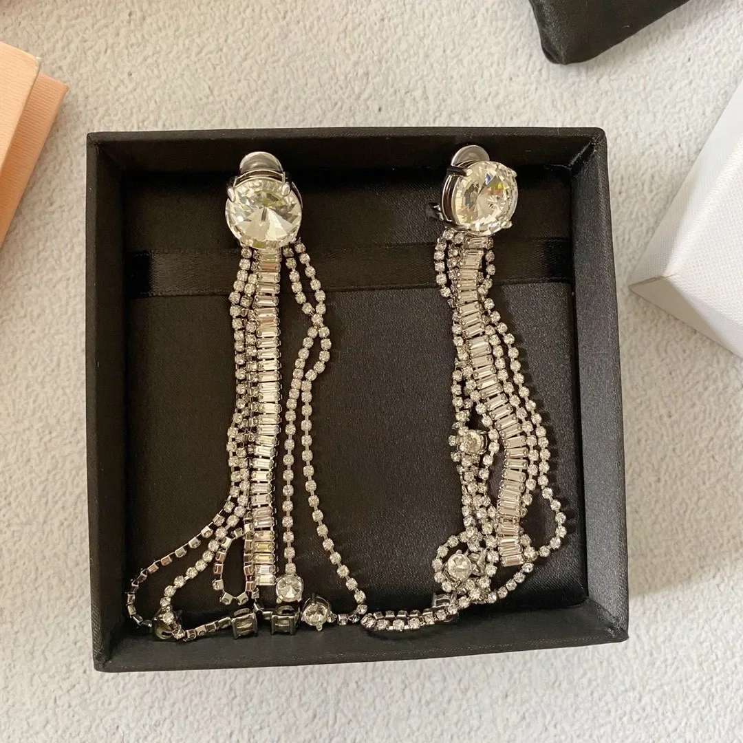 

Europe America Famous Brand Crystal Long Tassel Ear Clip Earring Women Top Quality Designer Jewelry Party Trend