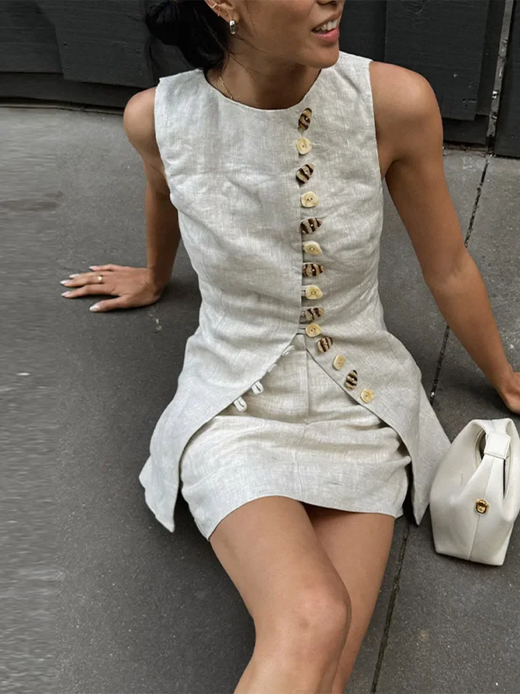 

BWQ Хлопково-льняной жилет Мини-юбки Костюмы Женские однобортные комплекты с круглым вырезом на шнуровке Женские 2025 Новые мягкие однотонные комплекты из 2 предметов