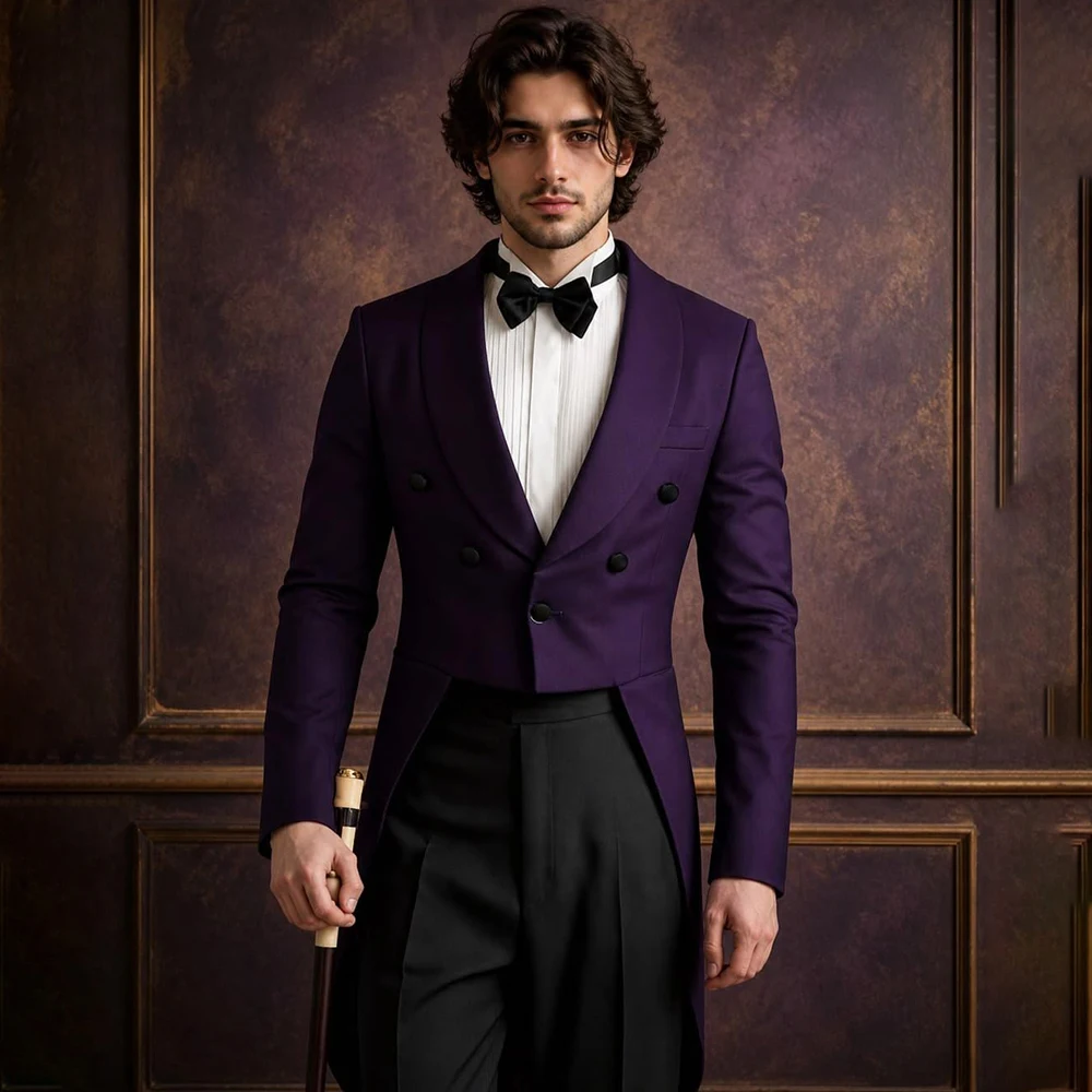 Elegant Men Dark Purple Tailcoat Tuxedo Suit Shawl Lapel Double Breasted Jacket Pants Vintage Formal Evening Party Groom Outfit
