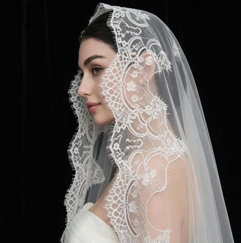 

Eyelash Lace Mantilla Wedding Veil Lace Bridal Veil Cathedral Length Soft Tulle Handmade Customization