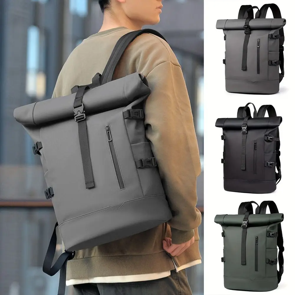 

Rolled Type Men's Backpacks Waterproof Nylon Laptop Backpack Solid Color Large Capacity Travel Backpack for Men