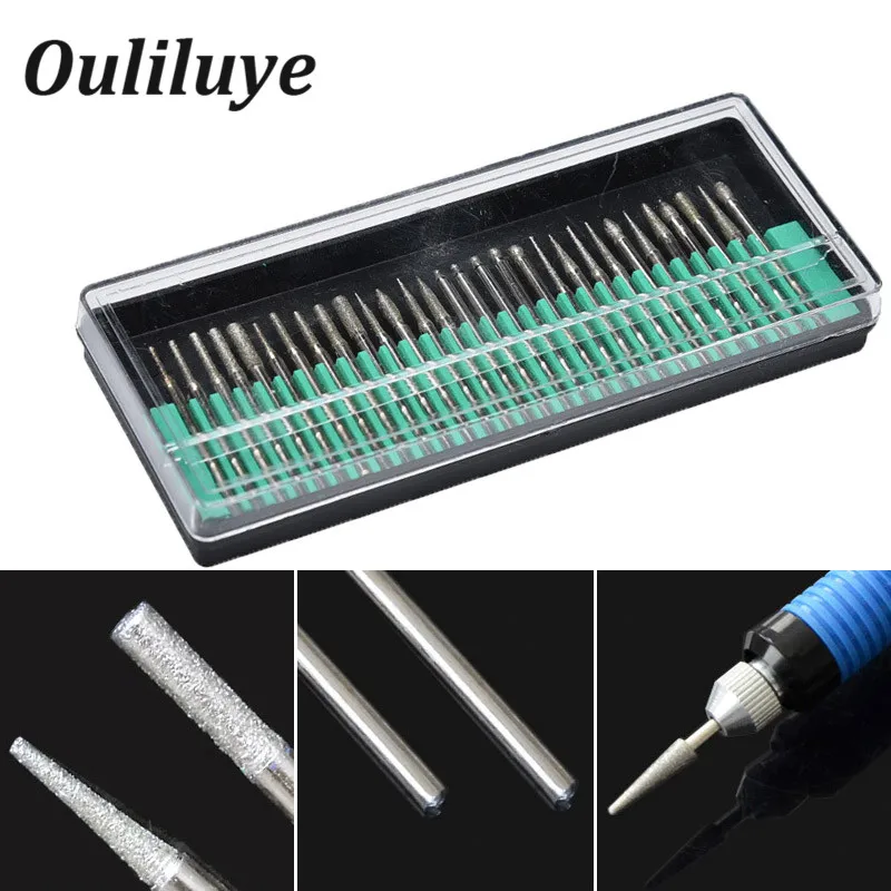 30PCS Mini Diamond Burs 2.35mm Drill Bits for Engraving Grinding Wheel Abrasive Shank Wood Stone Engraving Dremel Rotary Tools