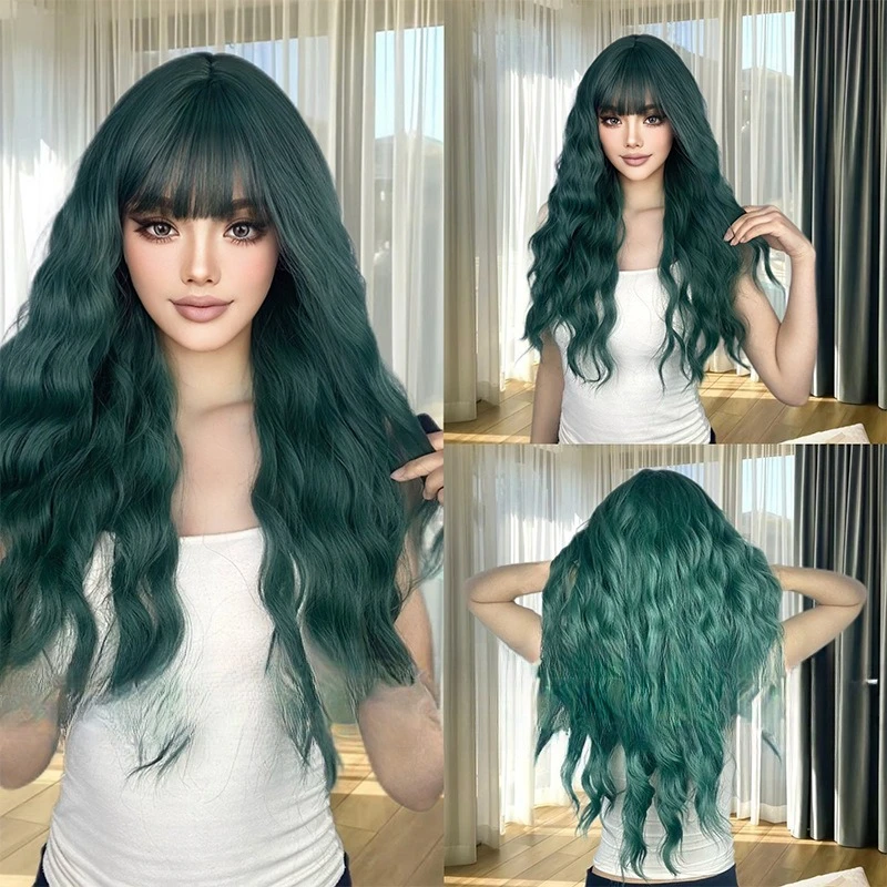

New wig dark green bangs water ripple curly hair cos dress up activity
