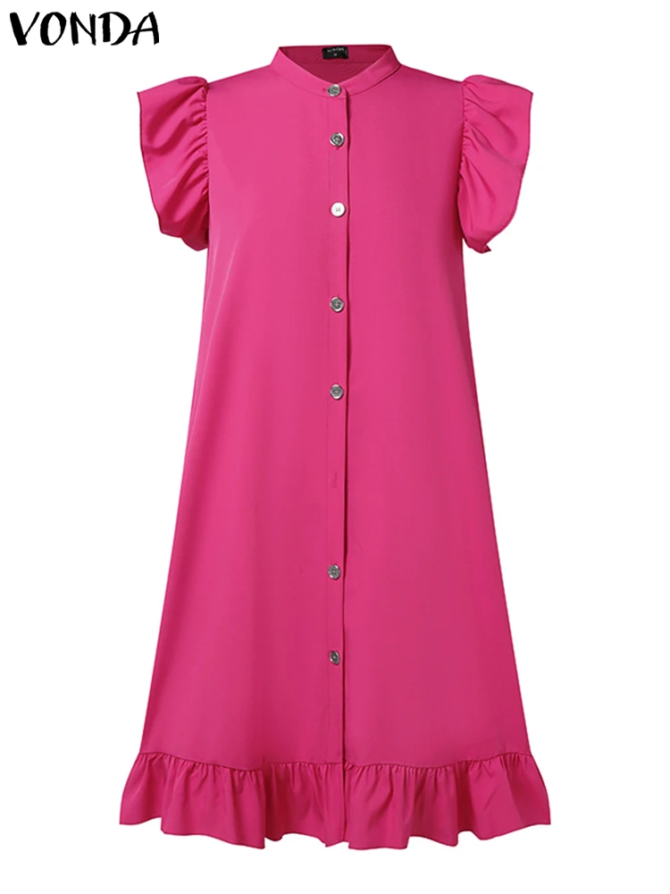 VONDA-Mini robe à volants pour femmes, grande taille 5XL, mode, élégante, couleur unie, document, décontractée, boutons, robe d\'été, robe de soirée,