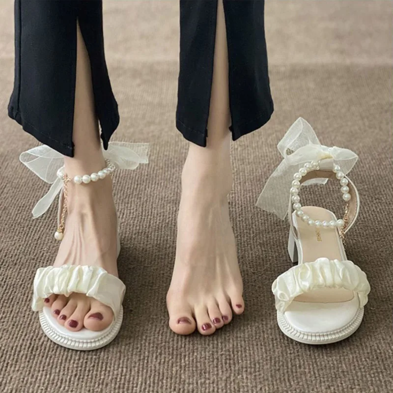 

White Black High Heels Sandals Women Summer 2022 New Pearl Thick-Heeled Roman Sandales Zapatos De Mujer Tacon Medio Elegantes