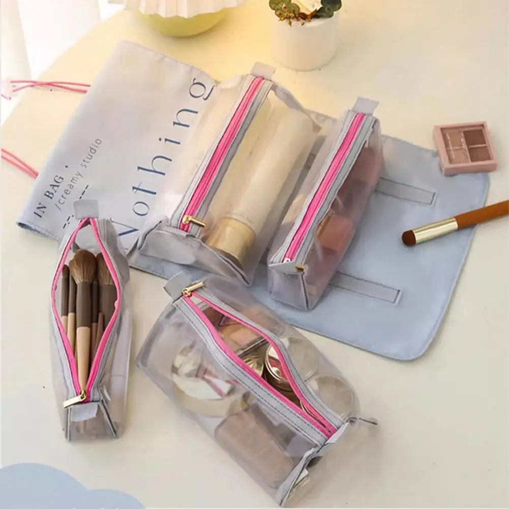 Foldable Toiletry Bag Roll-Up Makeup Bag 4 Compartments Large Capacity Cosmetic Organizer Zipper Closure Travel Pouch