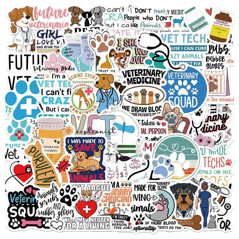 Laptop Decals Cute Veterinary Decals Vet Doctor Notebook Material Stickers 50 PCS Waterproof Decals Laptop Accessories For Kids