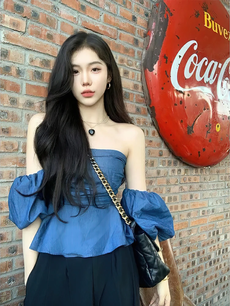 Silk Denim Puff sleeve Woman Shirt Youth Sexy Off shoulder Blouse Summer Korean Fashion Summer Tops Backless