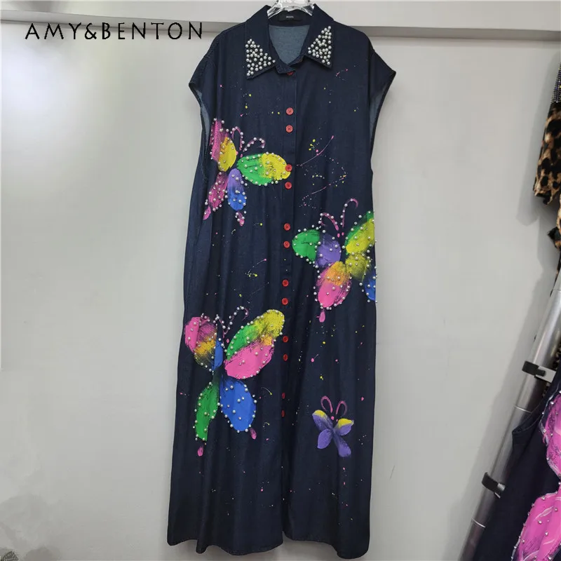 

2025 Autumn New Design Women's Denim Dresses Loose Butterfly Print Beaded Long Dress Fashion Slimming Vacation Style Vestidos