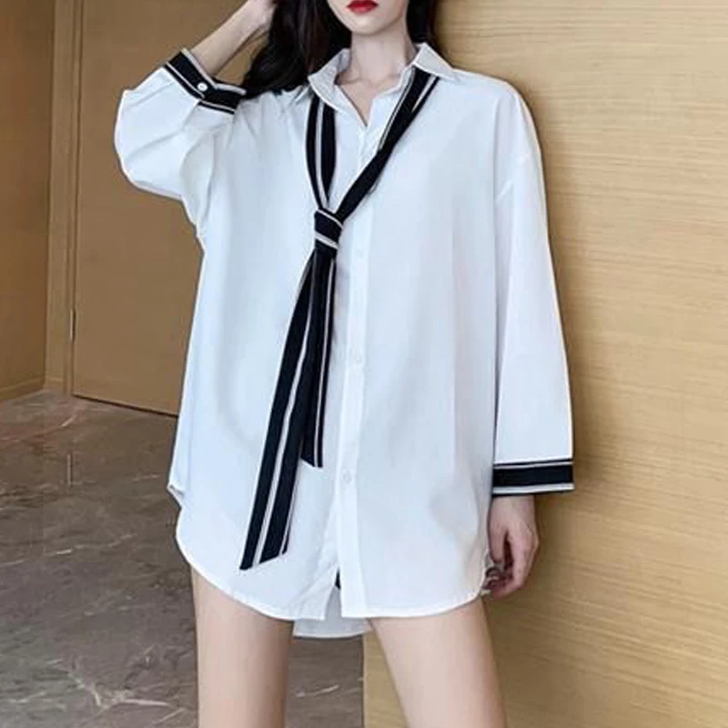 Women Korean Fashion Lace Up Chic Elegant Shirts Casual Streetwear Oversized Harajuku Blouses Female Y2K Solid Long Sleeve Tops