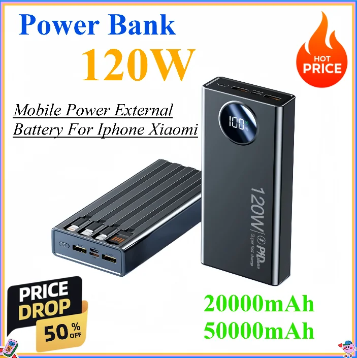 

120W 20000mAh 50000mAh Power Bank Charging Ultralarge Capacity For Mobile Power External Battery For Iphone Xiaomi